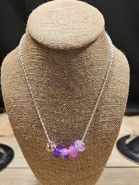 Silver Necklace with Purple Glass Bead Accents